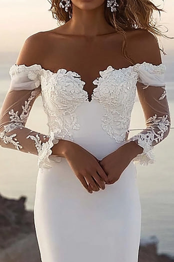 Ivory Sweep Train Off the Shoulder Mermaid Wedding Dress with Lace