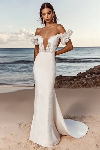 Ivory Satin Sweep Train Off the Shoulder Mermaid Wedding Dress with Lace