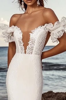 Ivory Satin Sweep Train Off the Shoulder Mermaid Wedding Dress with Lace
