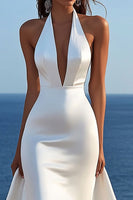 Load image into Gallery viewer, Simple Ivory Satin Sweep Train Halter Mermaid Wedding Dress