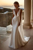 Load image into Gallery viewer, Simple Ivory Satin Watteau Train V Neck Mermaid Wedding Dress