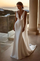Load image into Gallery viewer, Simple Ivory Satin Watteau Train Mermaid V Neck Wedding Dress