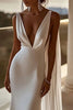 Load image into Gallery viewer, Simple Ivory Satin Watteau Train V Neck Mermaid Wedding Dress
