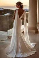 Load image into Gallery viewer, Simple Ivory Satin Watteau Train Mermaid V Neck Wedding Dress