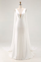 Load image into Gallery viewer, Simple Ivory Satin Watteau Train Mermaid V Neck Wedding Dress