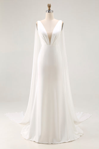 Simple Ivory Satin Watteau Train Mermaid V Neck Wedding Dress
