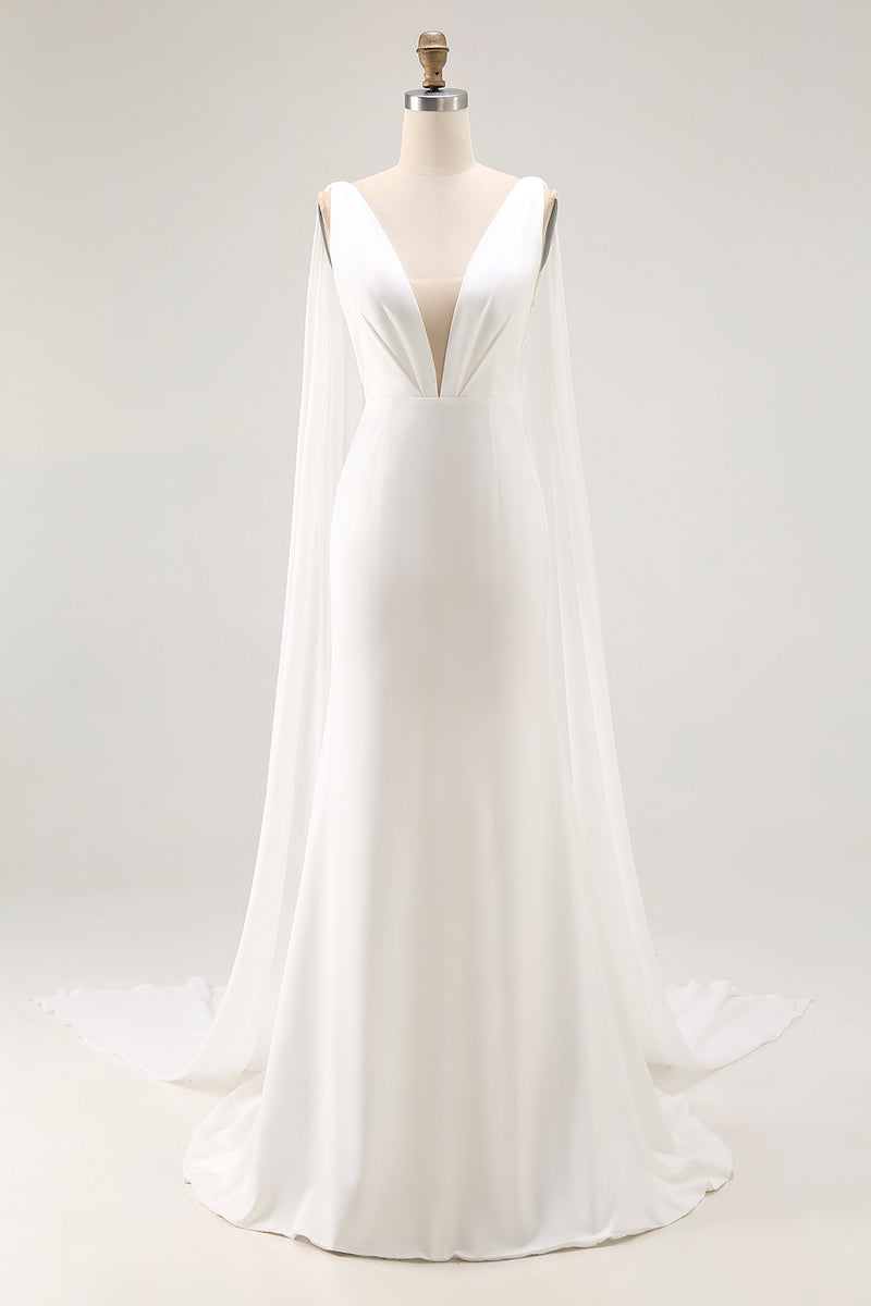 Load image into Gallery viewer, Simple Ivory Satin Watteau Train Mermaid V Neck Wedding Dress