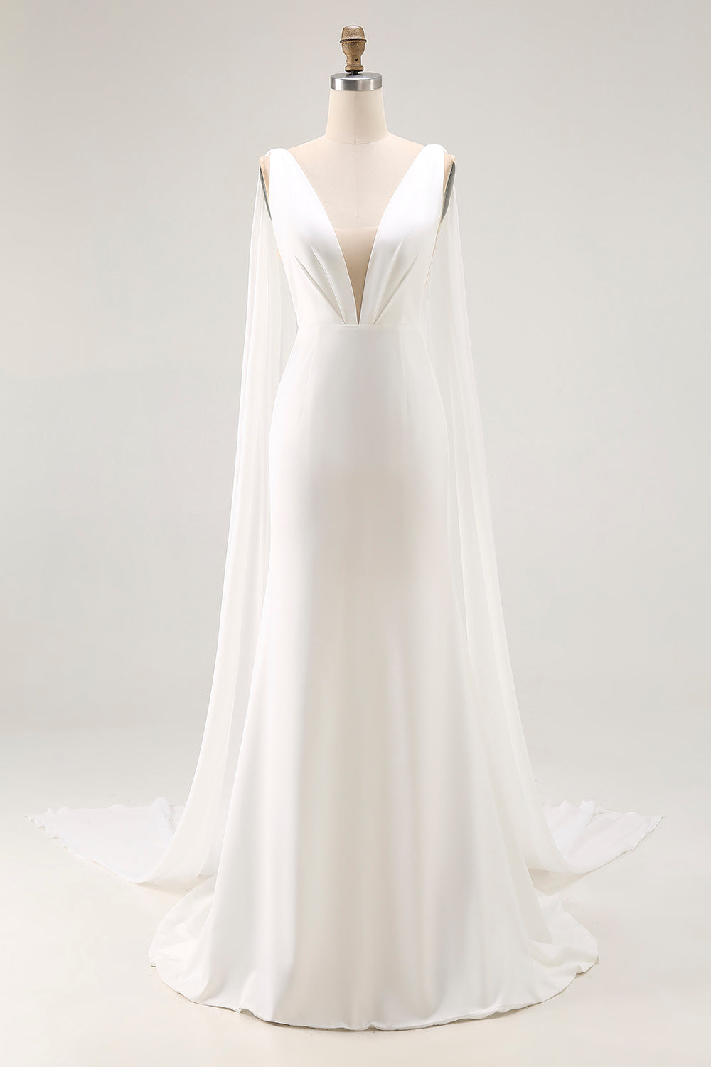 Simple Ivory Satin Watteau Train Mermaid V Neck Wedding Dress