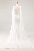 Load image into Gallery viewer, Simple Ivory Satin Watteau Train Mermaid V Neck Wedding Dress