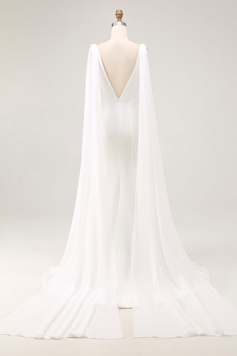 Load image into Gallery viewer, Simple Ivory Satin Watteau Train Mermaid V Neck Wedding Dress