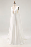 Load image into Gallery viewer, Simple Ivory Satin Watteau Train Mermaid V Neck Wedding Dress