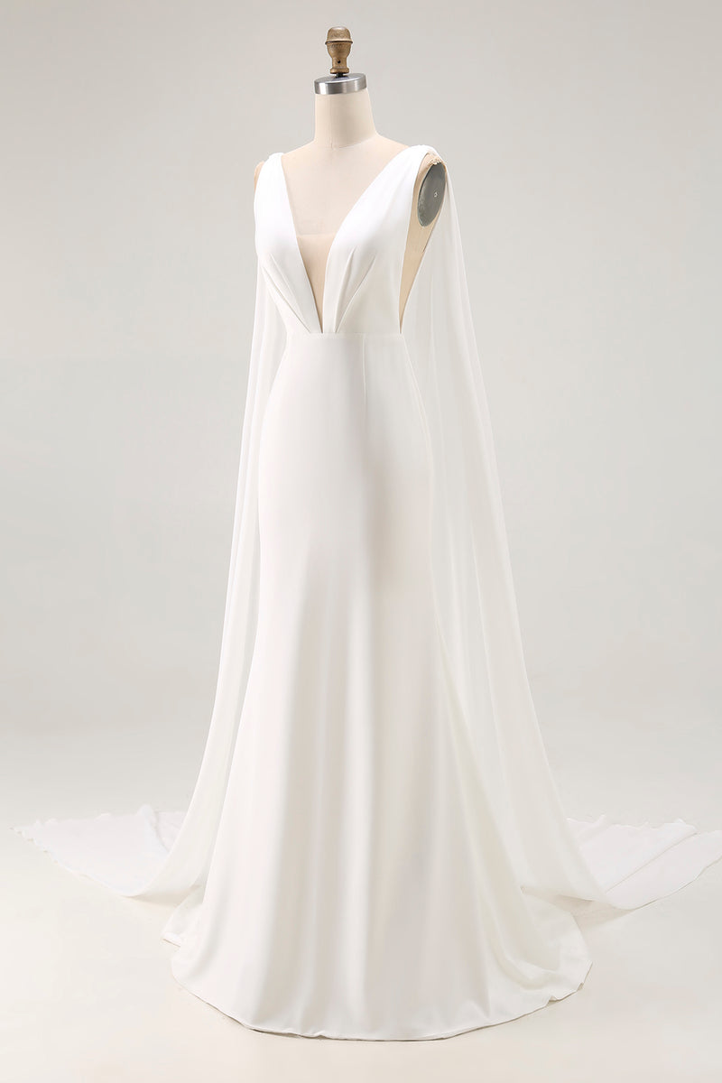 Load image into Gallery viewer, Simple Ivory Satin Watteau Train Mermaid V Neck Wedding Dress