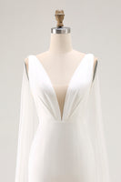 Load image into Gallery viewer, Simple Ivory Satin Watteau Train Mermaid V Neck Wedding Dress