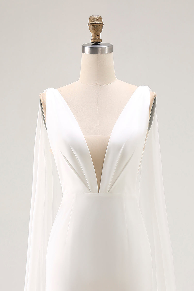 Load image into Gallery viewer, Simple Ivory Satin Watteau Train Mermaid V Neck Wedding Dress