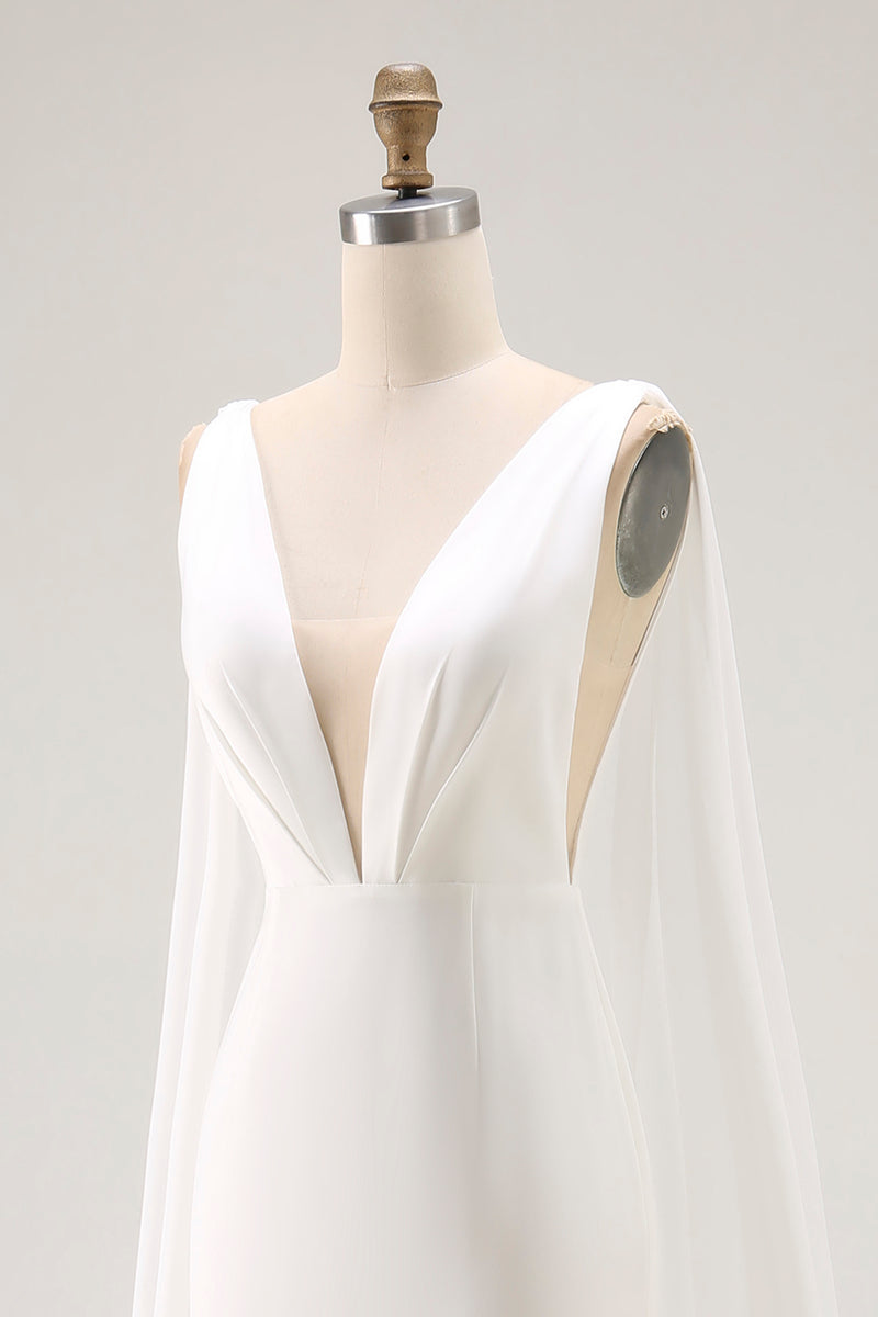 Load image into Gallery viewer, Simple Ivory Satin Watteau Train Mermaid V Neck Wedding Dress