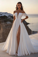 Load image into Gallery viewer, Ivory Chiffon Sweep Train A Line Off the Shoulder Boho Wedding Dress with Slit