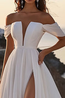 Load image into Gallery viewer, Ivory Chiffon Sweep Train A Line Off the Shoulder Boho Wedding Dress with Slit