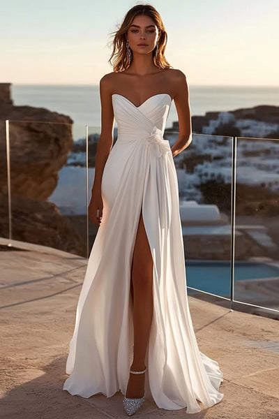 Ivory Chiffon Sweep Train A Line Strapless Boho Wedding Dress with Slit