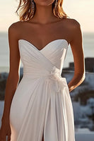Load image into Gallery viewer, Ivory Chiffon Sweep Train A Line Strapless Boho Wedding Dress with Slit