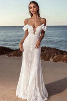 Load image into Gallery viewer, Ivory Lace Floor Length Mermaid Spaghetti Straps Wedding Dress