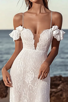 Ivory Lace Floor Length Mermaid Spaghetti Straps Wedding Dress
