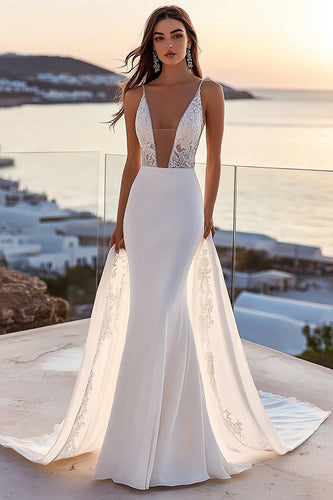 Ivory Satin Watteau Train Mermaid V Neck Wedding Dress