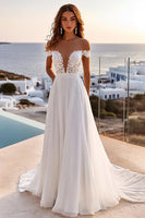 Load image into Gallery viewer, Ivory Chiffon Sweep Train Off the Shoulder A Line Boho Wedding Dress with lace