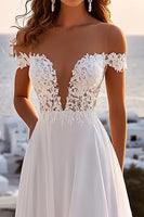 Load image into Gallery viewer, Ivory Chiffon Sweep Train Off the Shoulder A Line Boho Wedding Dress with lace