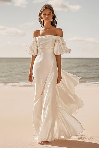 Ivory Satin Sweep Train Off the Shoulder Boho Wedding Dress