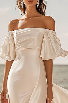 Ivory Satin Sweep Train Off the Shoulder Boho Wedding Dress