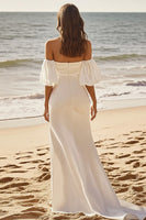 Load image into Gallery viewer, Ivory Satin Sweep Train Off the Shoulder Boho Wedding Dress