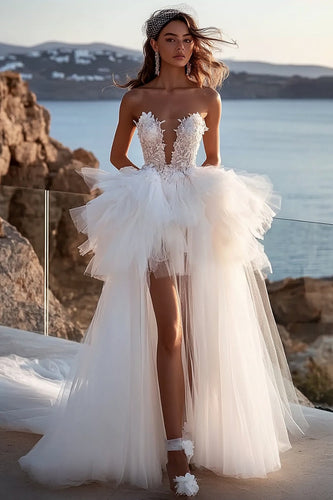 Ivory Tulle Asymmetrical Strapless Wedding Dress with Ruffles