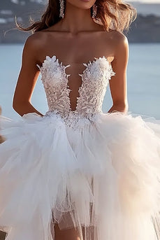 Ivory Tulle Asymmetrical Strapless Wedding Dress with Ruffles
