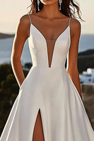Load image into Gallery viewer, Ivory Satin Sweep Train Spaghetti Straps A Line Wedding Dress with Slit