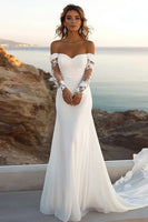 Load image into Gallery viewer, Ivory Chiffon Sweep Train Mermaid Off the Shoulder Boho Wedding Dress with Lace
