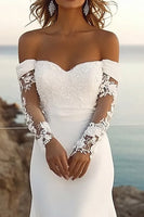 Load image into Gallery viewer, Ivory Chiffon Sweep Train Mermaid Off the Shoulder Boho Wedding Dress with Lace