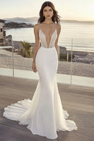 Load image into Gallery viewer, Ivory Chiffon Sweep Train Mermaid Spaghetti Straps Boho Wedding Dress