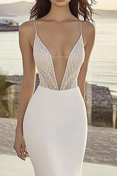 Ivory Chiffon Sweep Train Mermaid Spaghetti Straps Boho Wedding Dress