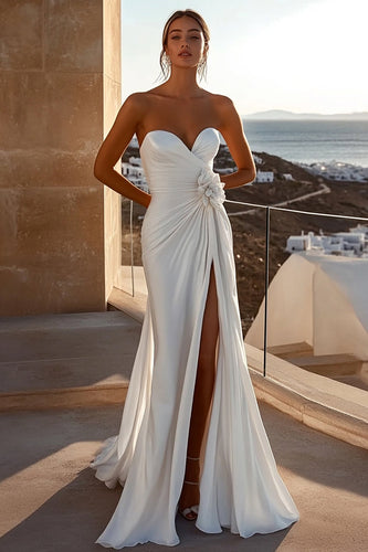 Ivory Sweep Train Mermaid Strapless Floral Boho Wedding Dress with Slit