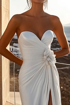 Ivory Sweep Train Mermaid Strapless Floral Boho Wedding Dress with Slit