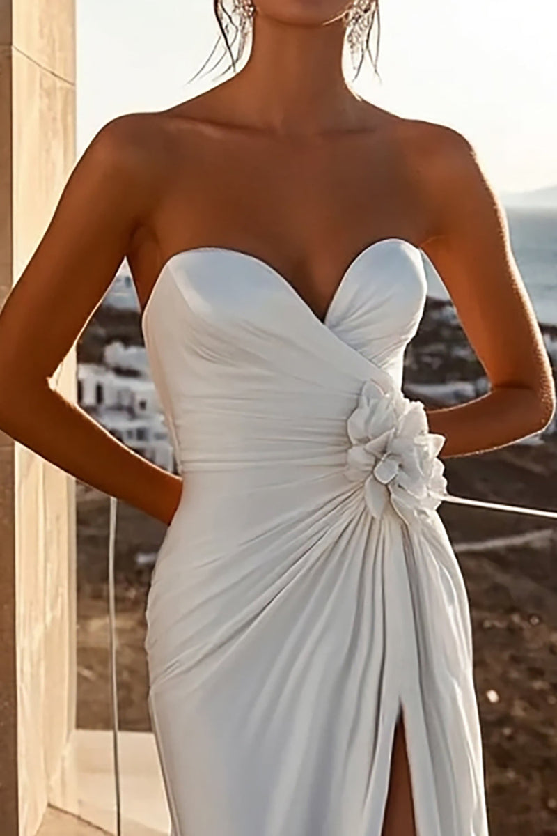 Load image into Gallery viewer, Ivory Sweep Train Mermaid Strapless Floral Boho Wedding Dress with Slit