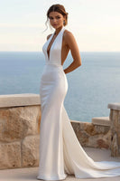 Load image into Gallery viewer, Simple Ivory Satin Wedding Dress Halter Backless Sleeveless Sweep Train Bridal Dress