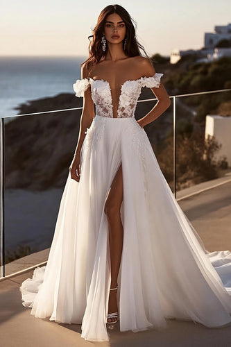 Ivory Sweep Train Off the Shoulder Ball Gown Wedding Dress with slit