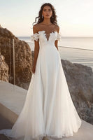 Load image into Gallery viewer, Ivory Chiffon Sweep Train Off the Shoulder Boho Wedding Dress with Flowers