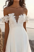 Load image into Gallery viewer, Ivory Chiffon Sweep Train Off the Shoulder Boho Wedding Dress with Flowers
