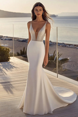 Simple Ivory Satin Sweep Train Mermaid V Neck Wedding Dress