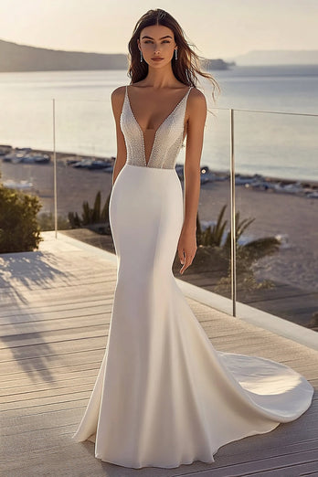 Simple Ivory Satin Sweep Train Mermaid V Neck Wedding Dress