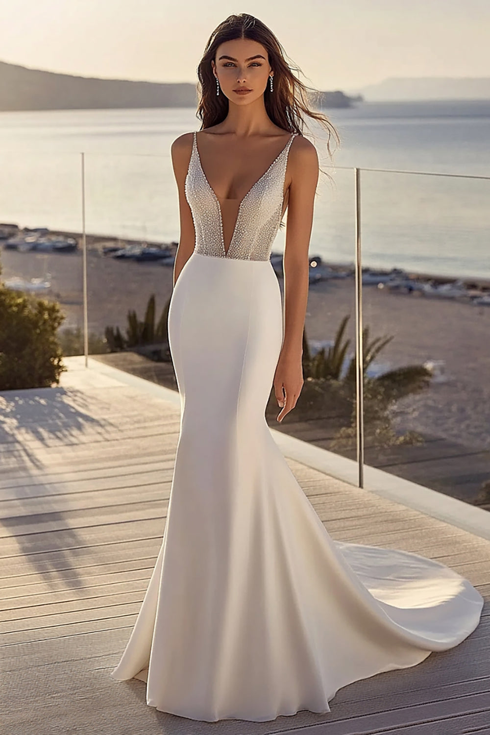 Simple Ivory Satin Sweep Train Mermaid V Neck Wedding Dress