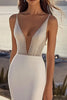 Load image into Gallery viewer, Simple Ivory Satin Sweep Train Mermaid V Neck Wedding Dress