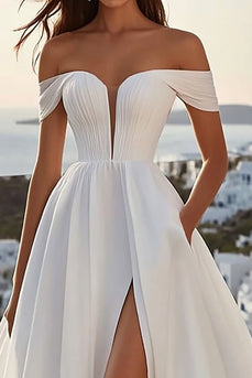 Simple Ivory Sweep Train Ball Gown Off the Shoulder Wedding Dress with Slit